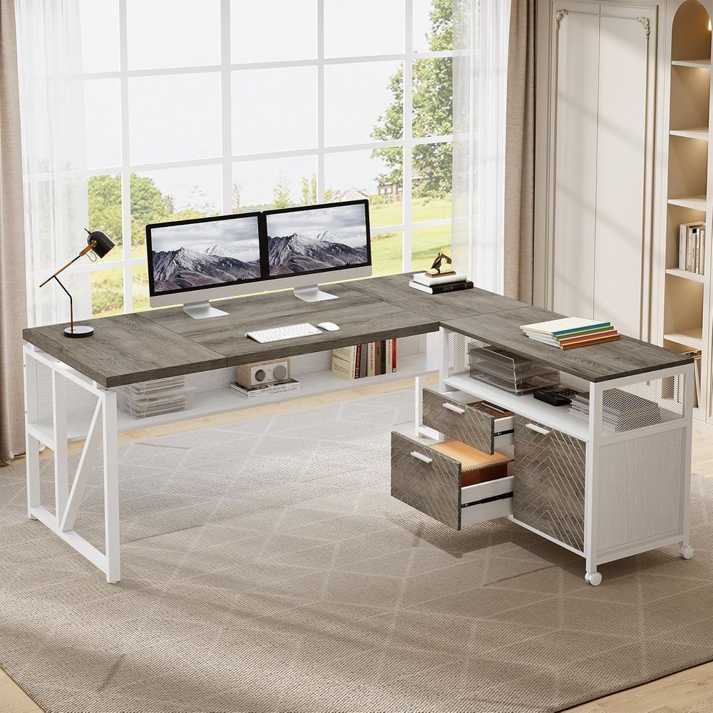 63-inch L-Shaped Desk with Dra - đánh giá và giá Home Office Furniture Sets